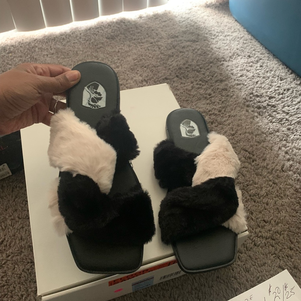 Women's Black and Cream Fur Slide Sandals